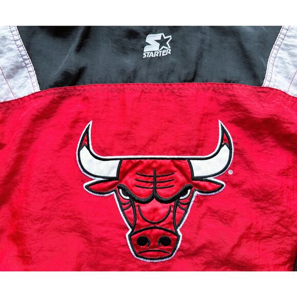 Chicago Bulls 90s STARTER puffer 1/2 Pullover jacket yth M red black NBA vintage - Picture 7 of 7